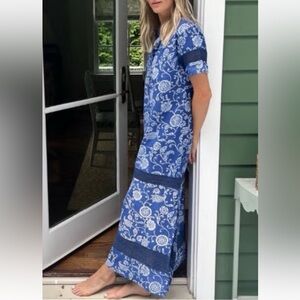 JULIA AMORY Short Sleeve Majorelle Caftan Long Dress in Cobalt Blooms